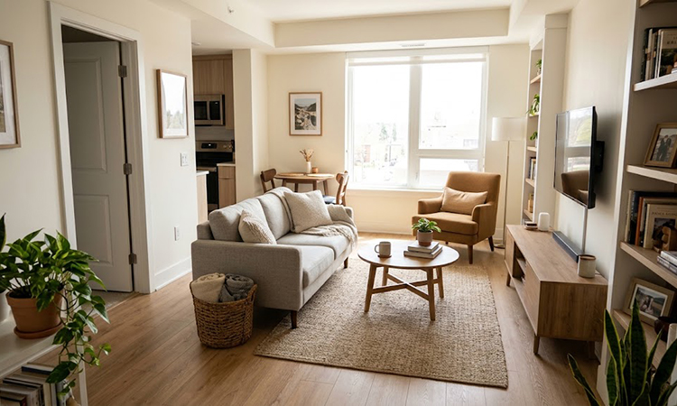 Cozy bright living room in a modern downsized apartment with compact furniture and natural light