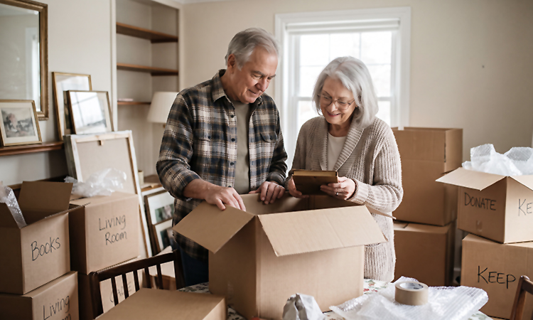 Elderly couple looking inside an open cardboard moving box while downsizing their home