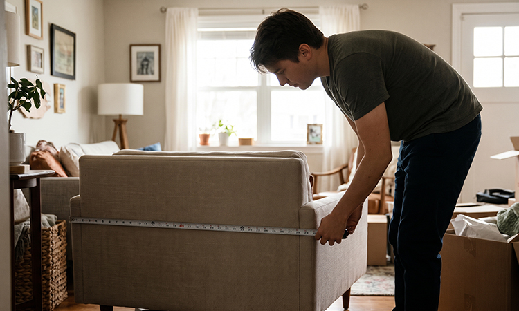 Person measuring living room furniture space with a tape measure